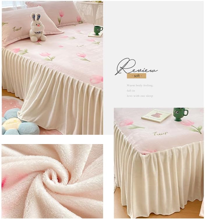 ZYFAB Winter Flannel Bed Skirt,Warm Thick Bed Cover Milk Velvet Bedspread Soft Cozy Bed Sheet Dust Ruffle Non-Slip Mattress Cover,C,150x200cmVersion A