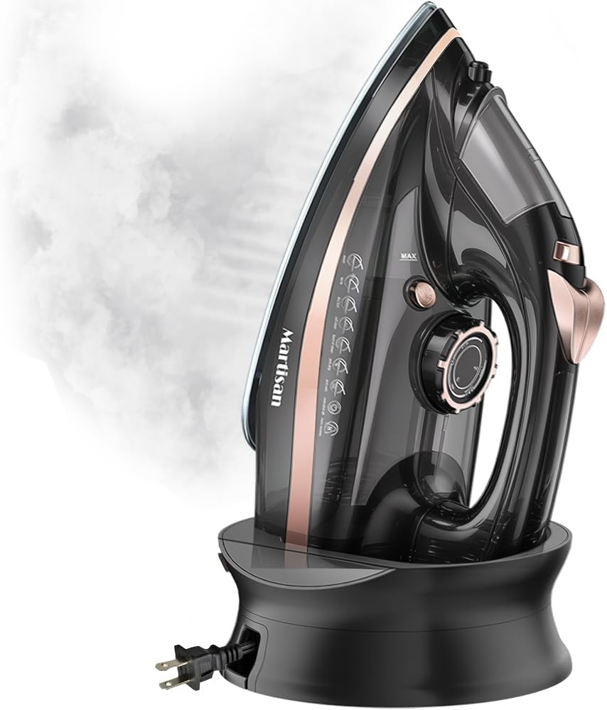 Martisan Cordless Iron for Clothes, 1600W, Wireless, Rapid Heating, Retractable Cord, Power Charging Base, Ceramic Soleplate, Auto-off, Anti-calc, Anti-drip, Self Clean