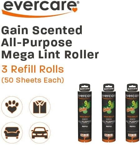 Evercare Pack of 3 Gain Scented All-Purpose Mega Lint Roller Refill Rolls, 50 Sheets Each