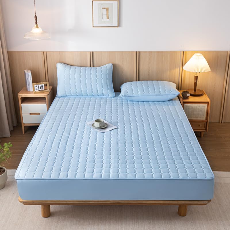 Nonslip Fitted Sheet Style Mattress Protection Against The Dust and Dirt Waterproof Backing Cover Bed Pad with Soft & Breathable Texture for a Hotel Quality Comfortable Sleep (Blue,Queen)