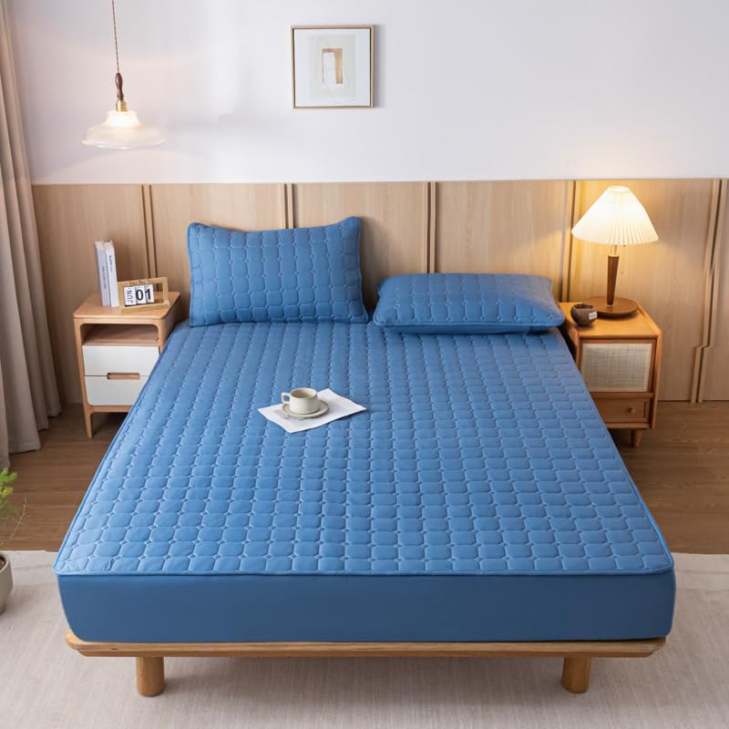 Nonslip Fitted Sheet Style Mattress Protection Against The Dust and Dirt Waterproof Backing Cover Bed Pad with Soft & Breathable Texture for a Hotel Quality Comfortable Sleep (Blue,Queen)