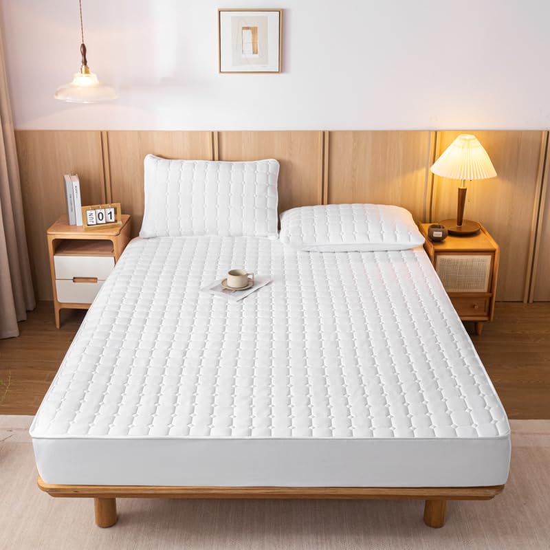 Nonslip Fitted Sheet Style Mattress Protection Against The Dust and Dirt Waterproof Backing Cover Bed Pad with Soft & Breathable Texture for a Hotel Quality Comfortable Sleep (Blue,Queen)