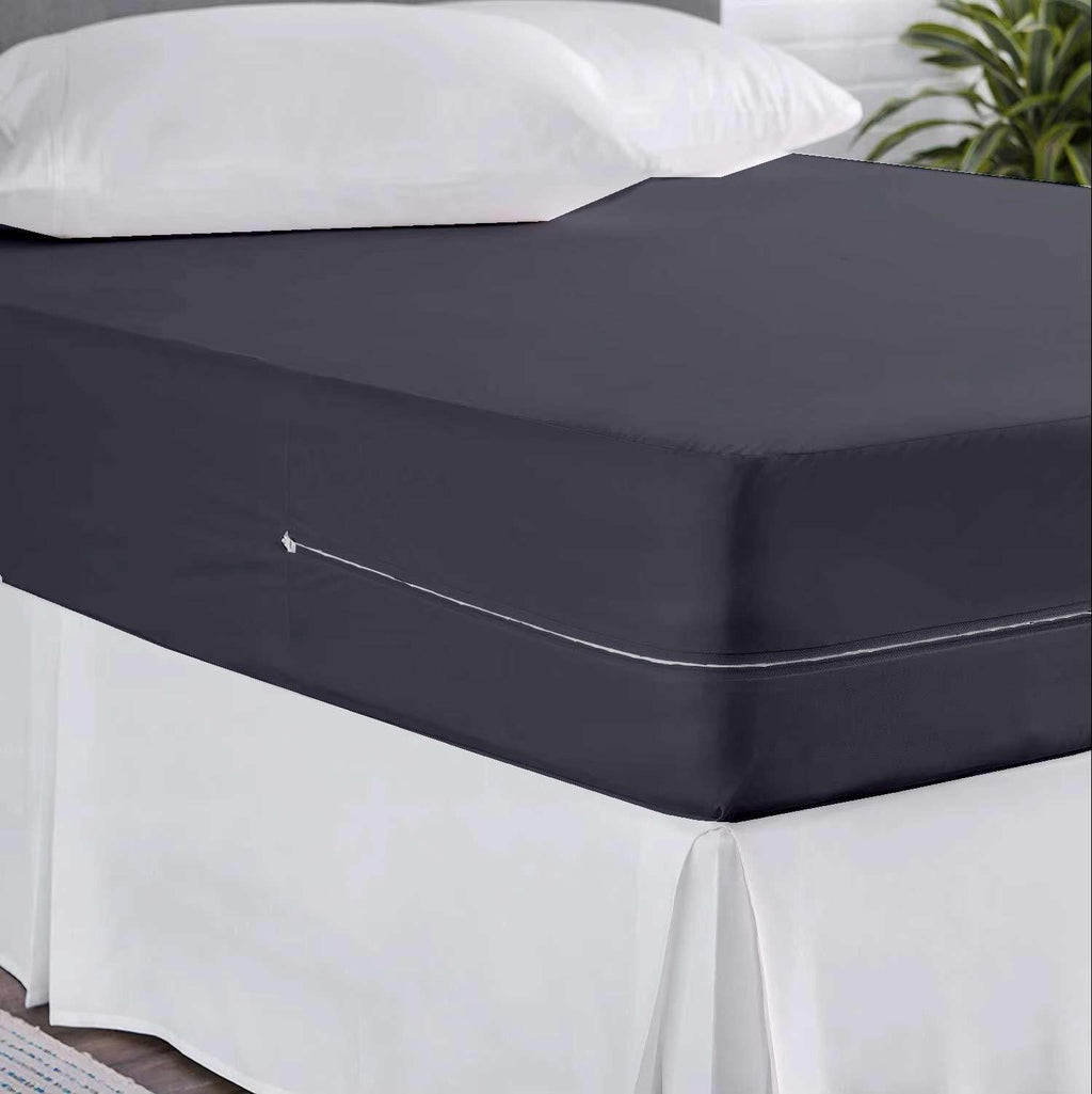 Zipper Fitted Sheet Queen 12" Deep Pocket Microfiber, Dark Grey