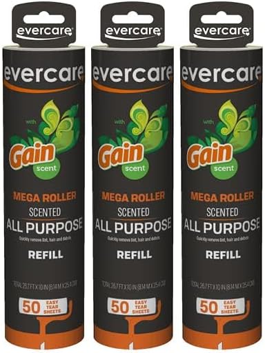 Evercare Pack of 3 Gain Scented All-Purpose Mega Lint Roller Refill Rolls, 50 Sheets Each