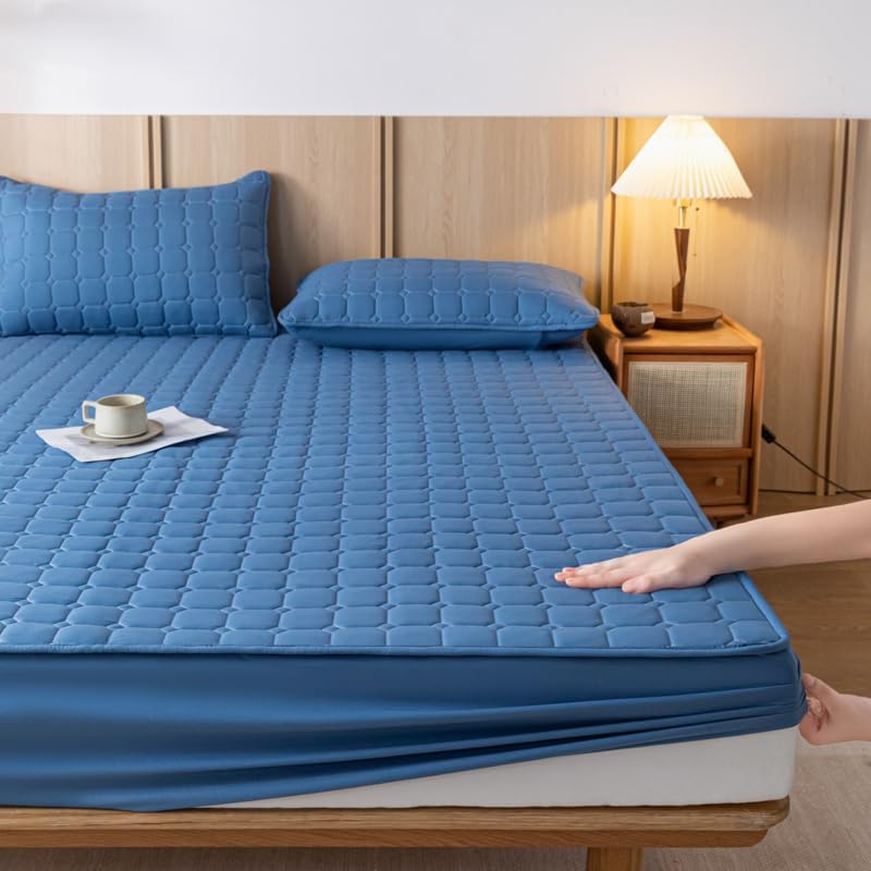 Nonslip Fitted Sheet Style Mattress Protection Against The Dust and Dirt Waterproof Backing Cover Bed Pad with Soft & Breathable Texture for a Hotel Quality Comfortable Sleep (Blue,Queen)