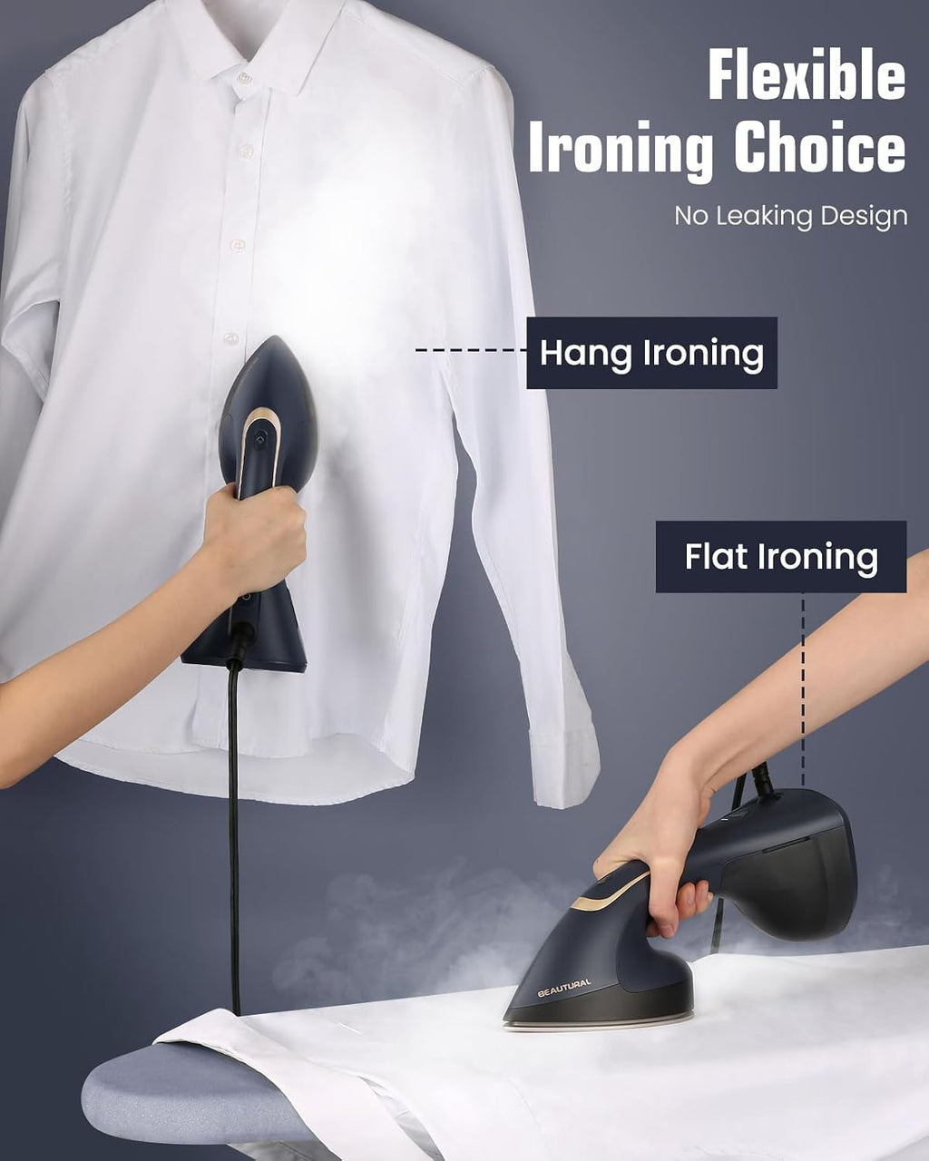 BEAUTURAL Steamer for Clothes, Handheld 2-in-1 Steam & Iron, 1200W, Navy