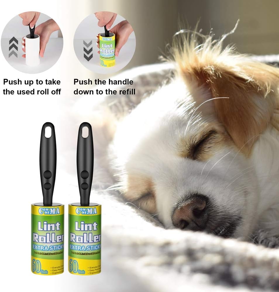 COMMEMA Lint Rollers for Pet Hair Extra Sticky, Pet Hair Remover Set Brush for Dog & Cat Hair Removal, Clothes, Furniture, 2 Handles with 4 Refills, 240 Total Sheets