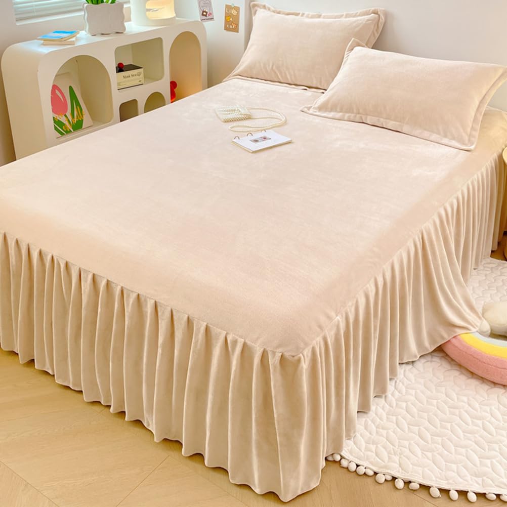 ZYFAB Winter Flannel Bed Skirt,Warm Thick Bed Cover Milk Velvet Bedspread Soft Cozy Bed Sheet Dust Ruffle Non-Slip Mattress Cover,C,150x200cmVersion A