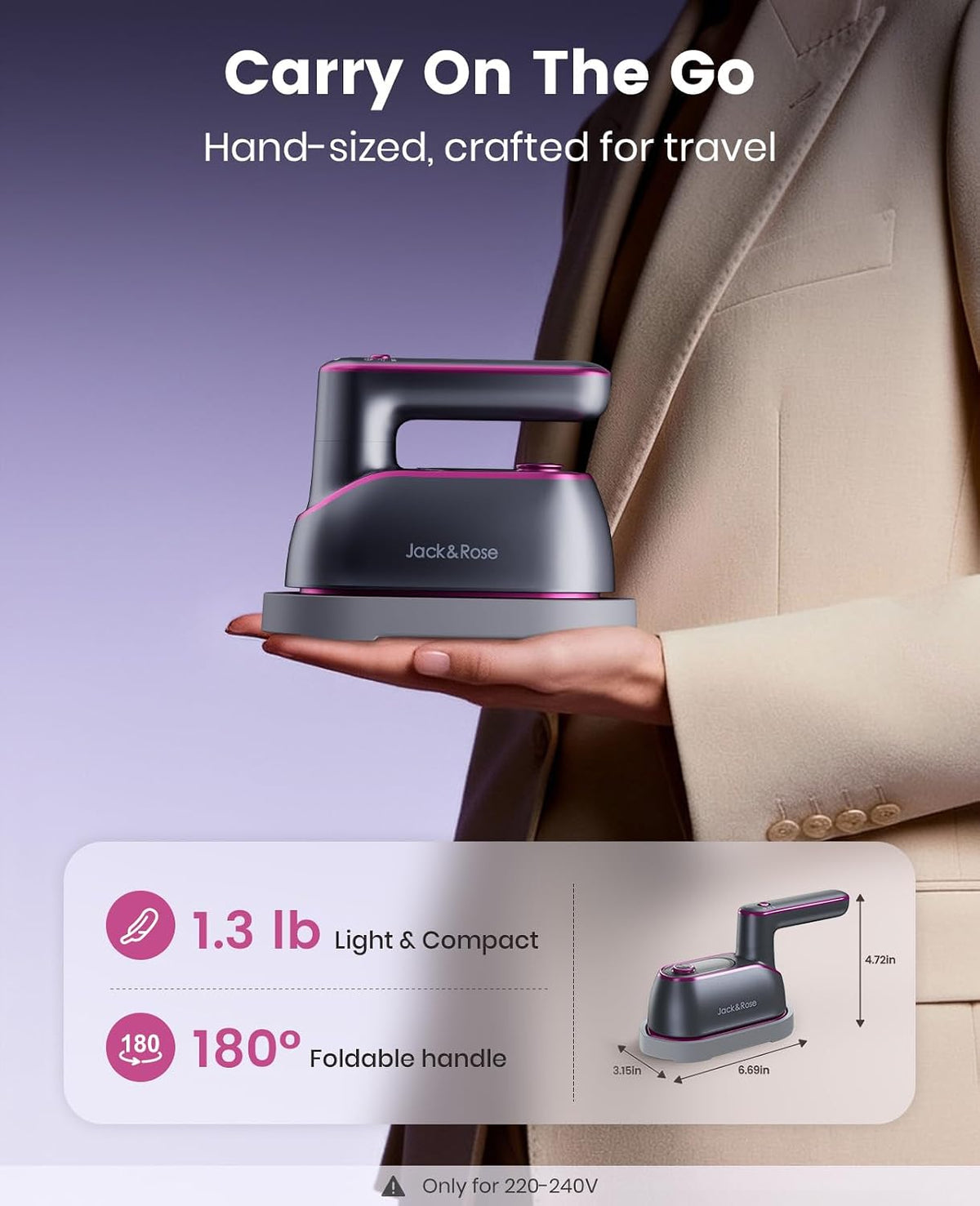 Jack ＆ Rose Travel Steamer Iron for Clothes,1200w Iron Steamer,Portable Handheld Travel Size Steamer iron,8S Fast Heat-Up，Large Ceramic Heat Panel