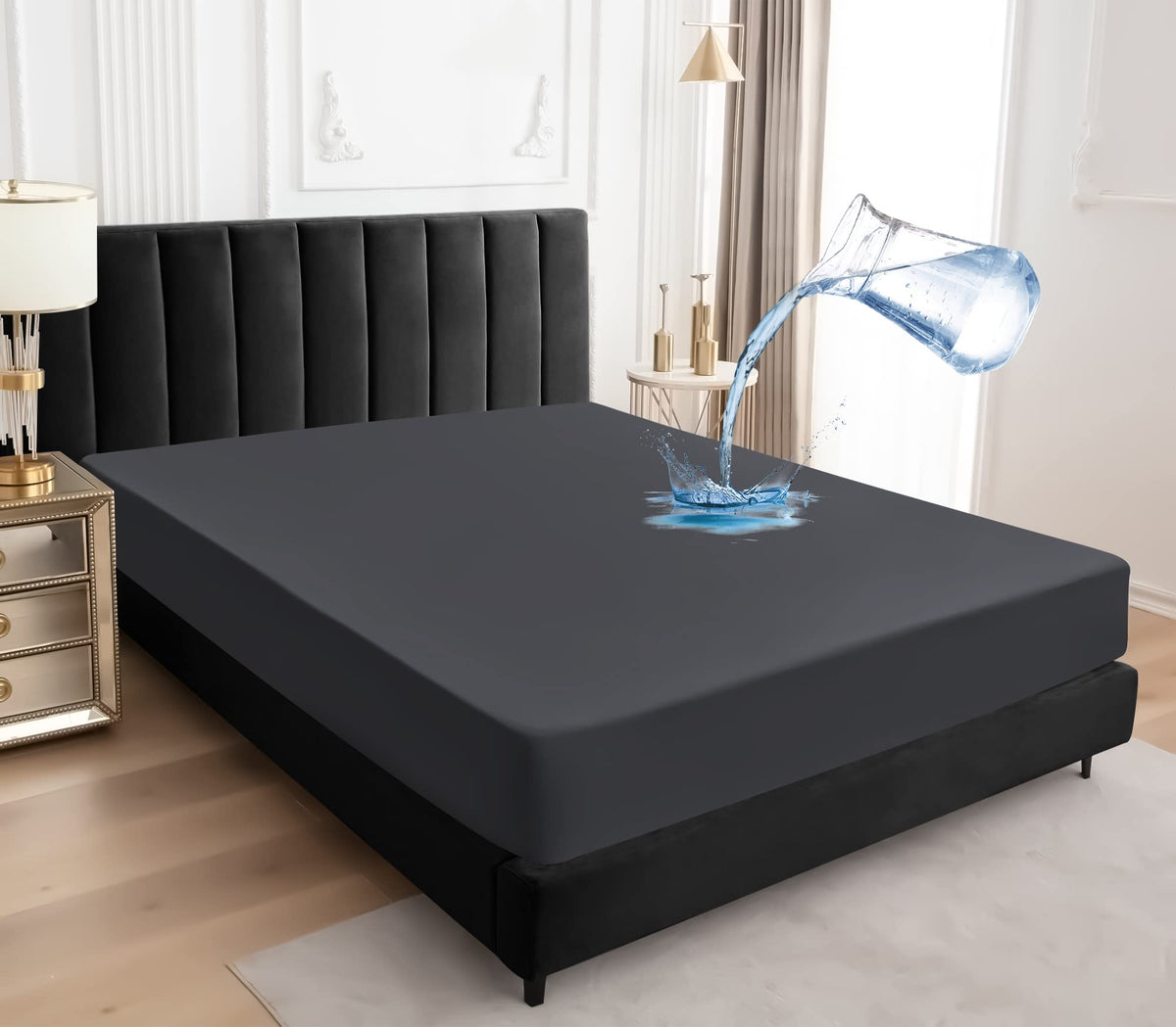 Sufdari Mattress Protector,Waterproof 18" Deep Pocket Mattress Cover Fitted Sheet Style with Elastic Rubber Band,Washable and Easy Care-Black,Queen