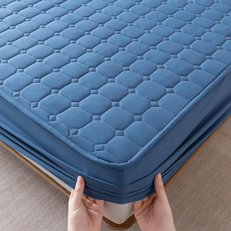 Nonslip Fitted Sheet Style Mattress Protection Against The Dust and Dirt Waterproof Backing Cover Bed Pad with Soft & Breathable Texture for a Hotel Quality Comfortable Sleep (Blue,Queen)