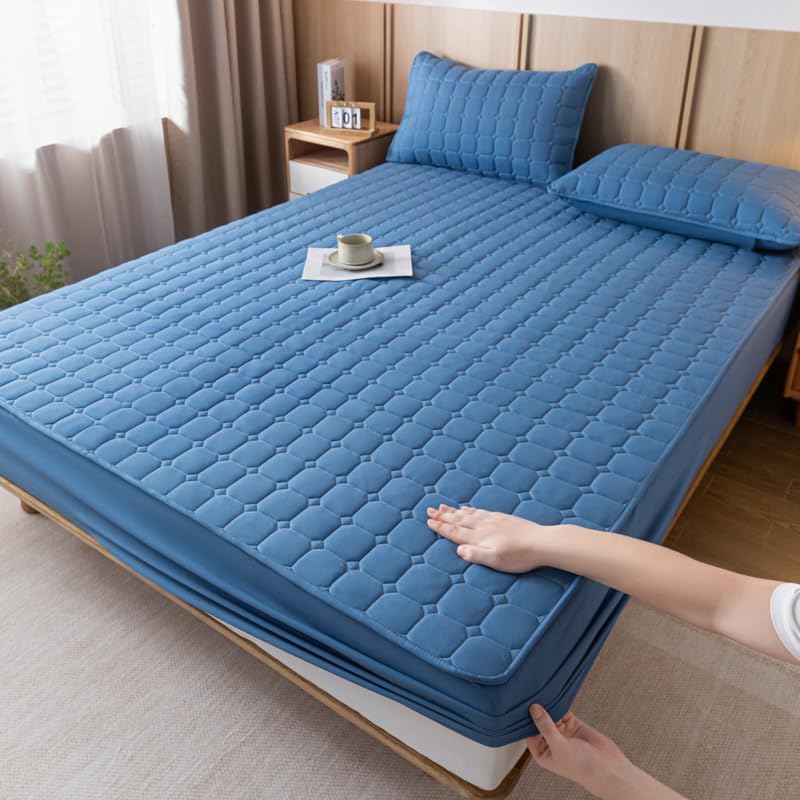 Nonslip Fitted Sheet Style Mattress Protection Against The Dust and Dirt Waterproof Backing Cover Bed Pad with Soft & Breathable Texture for a Hotel Quality Comfortable Sleep (Blue,Queen)