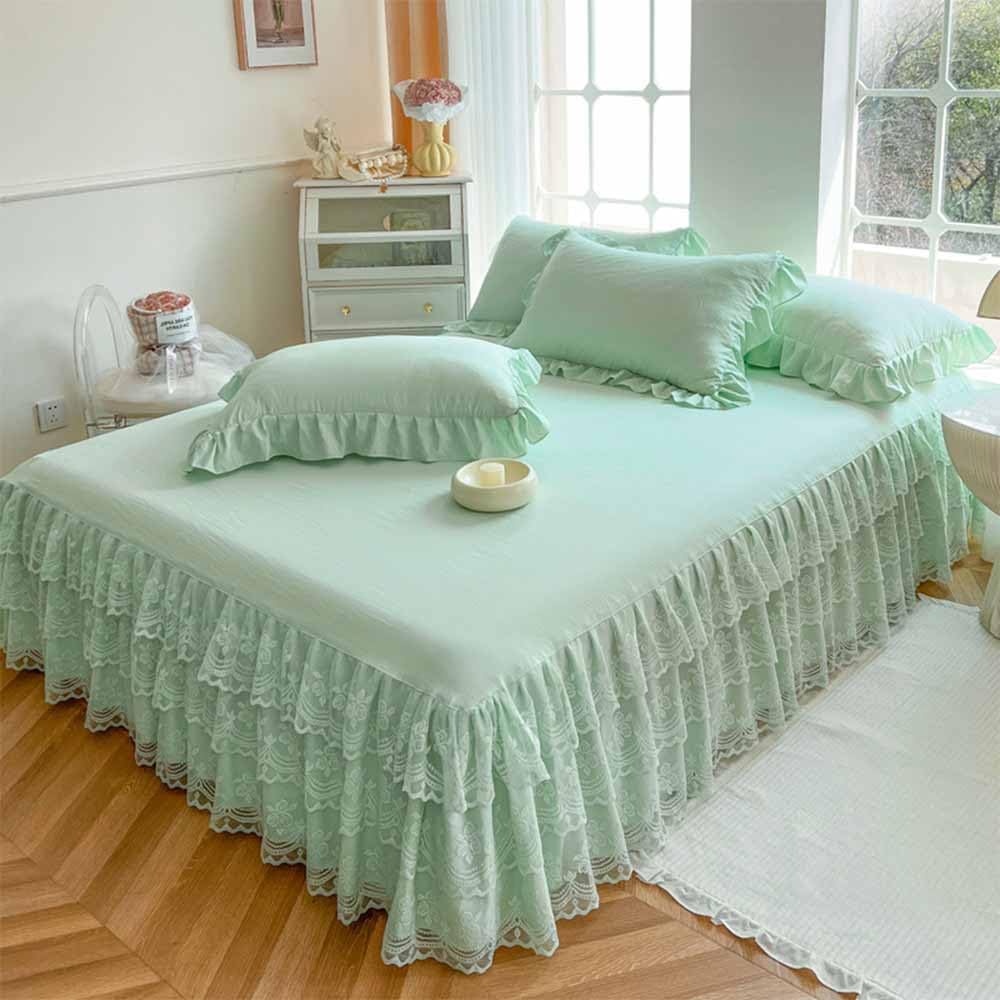 Three Layers Lace Bed Sheet Skirt for Queen Bed - 17in. Drop, Ruffle Bed Skirt Wrap Around Bed Skirt, Anti Wrinkle