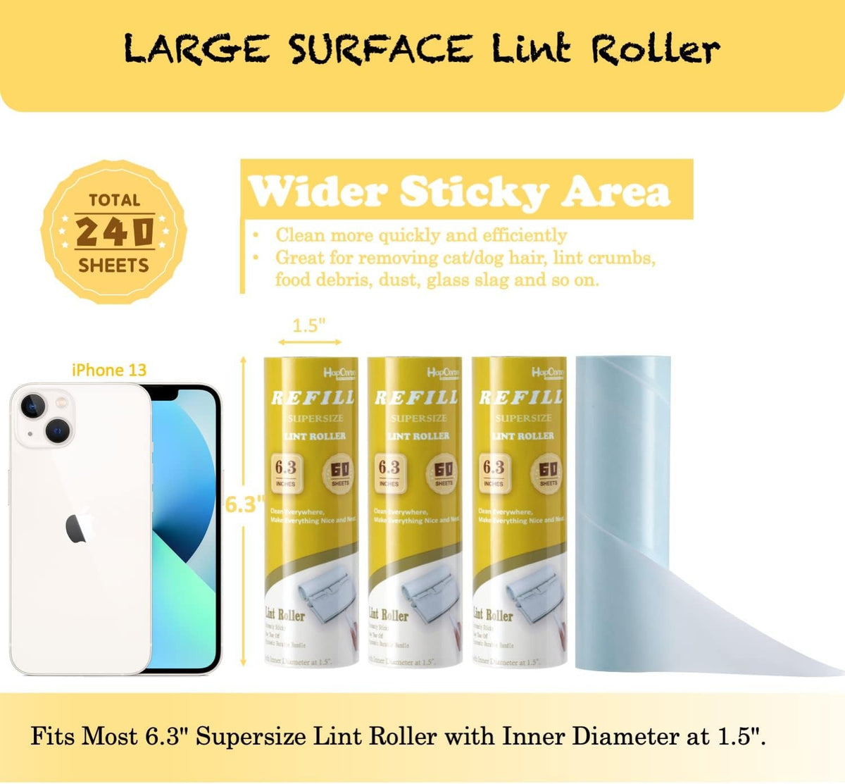 Lint Roller Refills 6.3", 240 Sheets, Extra Sticky, Two-Color Easy Tear-Off