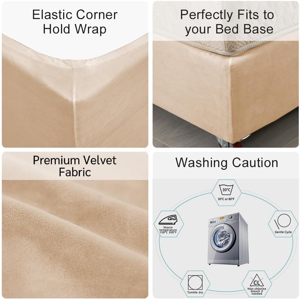 Velvet Bed Frame Cover, Bed Base Wrap Cover, Alternative to Traditional Valance Bed Sheet Skirt Cover, Fully Elastic Around The Base of Your Bed, Easy to Install(Camel, Queen Bed Width:59-63")