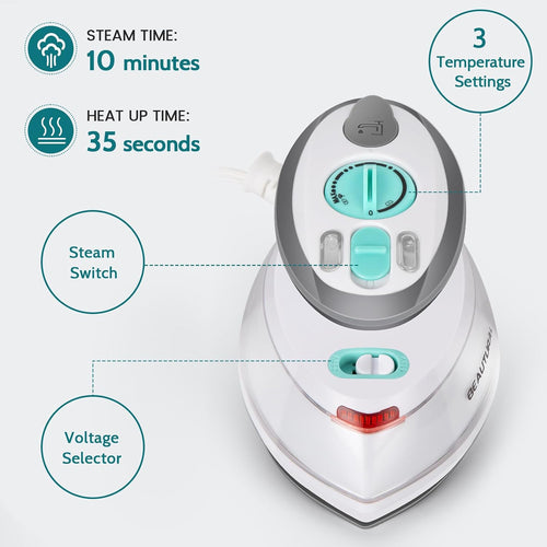 BEAUTURAL Mini Travel Steam Iron for Clothes with Dual Voltage