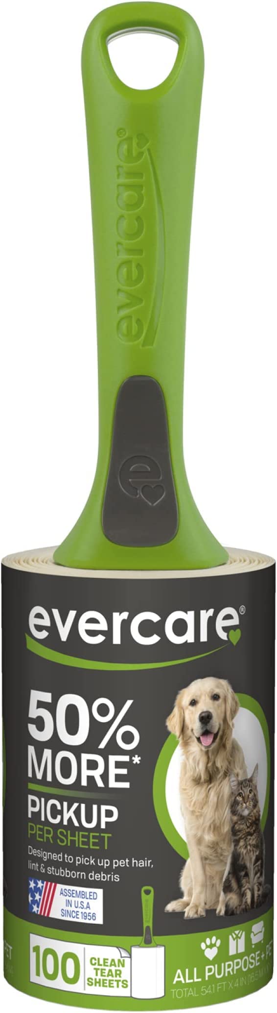 Evercare Pet Hair Lint Rollers All Purpose Use 100 Easy-Tear Sheets Per Roll Reusable Sticky Roller Pets Cat & Dog Hair Remover Contoured Handle for Furniture Clothing & Cars, Set of 2, Green