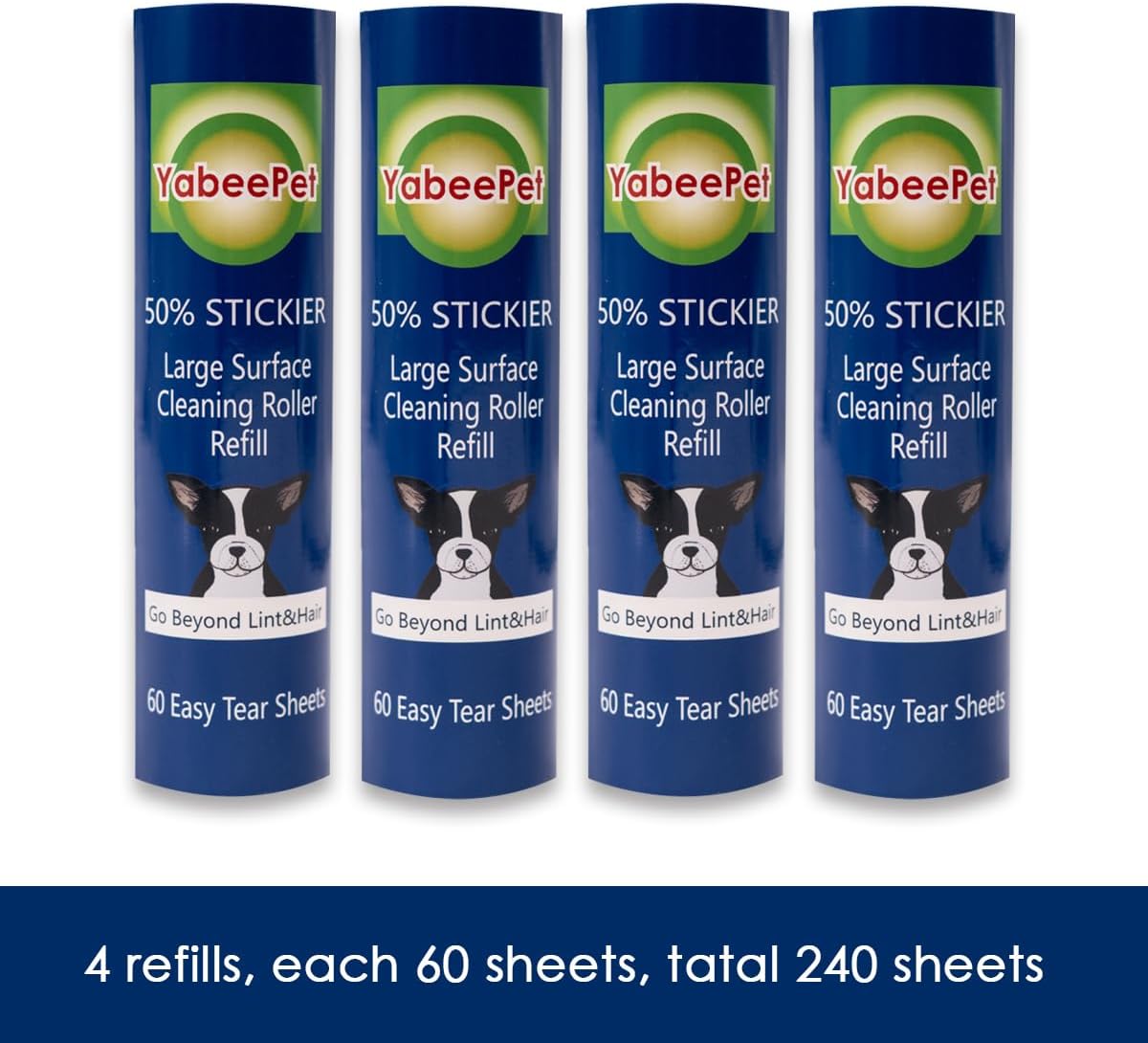 8 inch Large Surface Roller Refill for Scotch-Brite 50% Stickier Lint Roller, Works Great On Pet Hair (60 Sheets per Roll, 4 Pack)