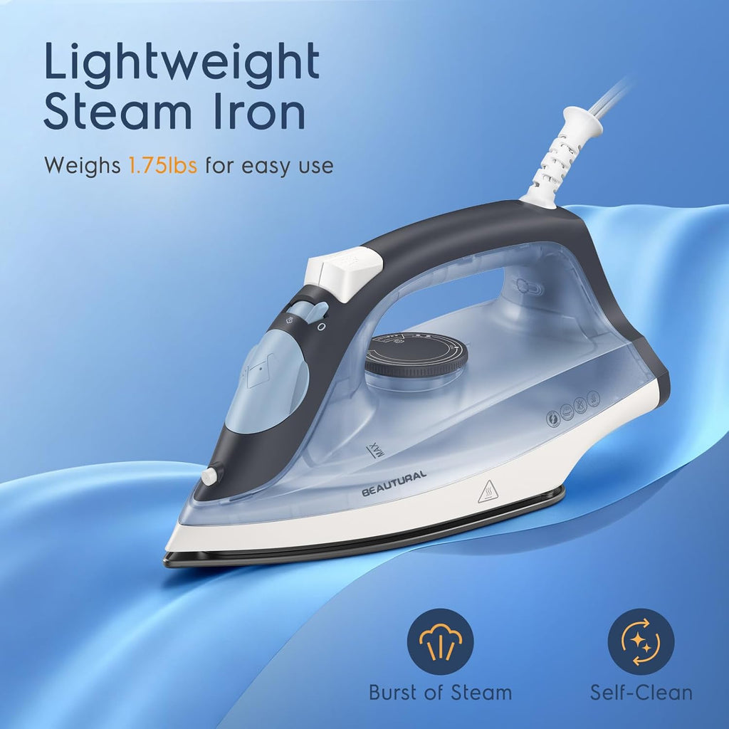 BEAUTURAL Compact Steam Iron for Clothes with Non-Stick Soleplate, Blue