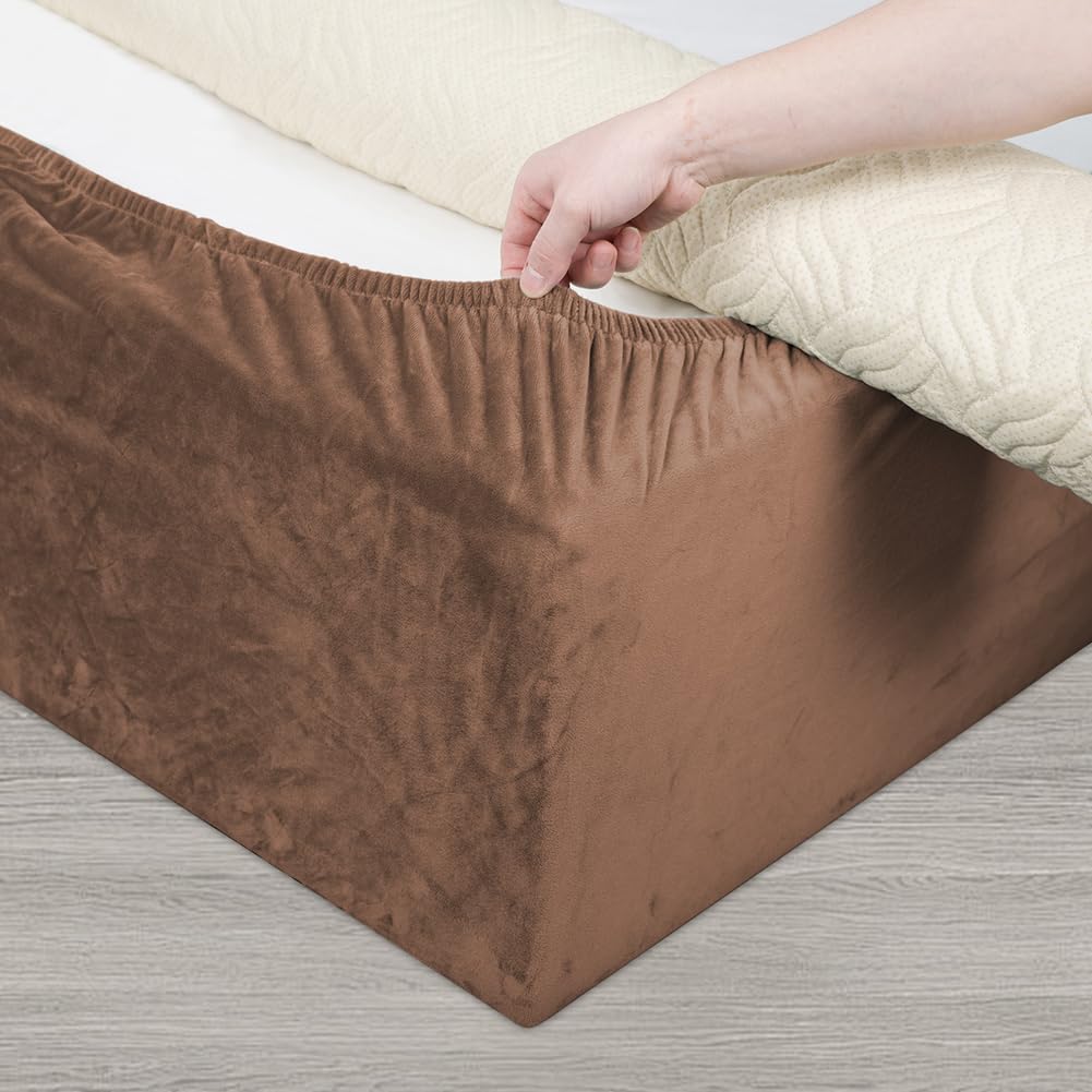 Velvet Bed Frame Cover, Bed Base Wrap Cover, Alternative to Traditional Valance Bed Sheet Skirt Cover, Fully Elastic Around The Base of Your Bed, Easy to Install(Camel, Queen Bed Width:59-63")