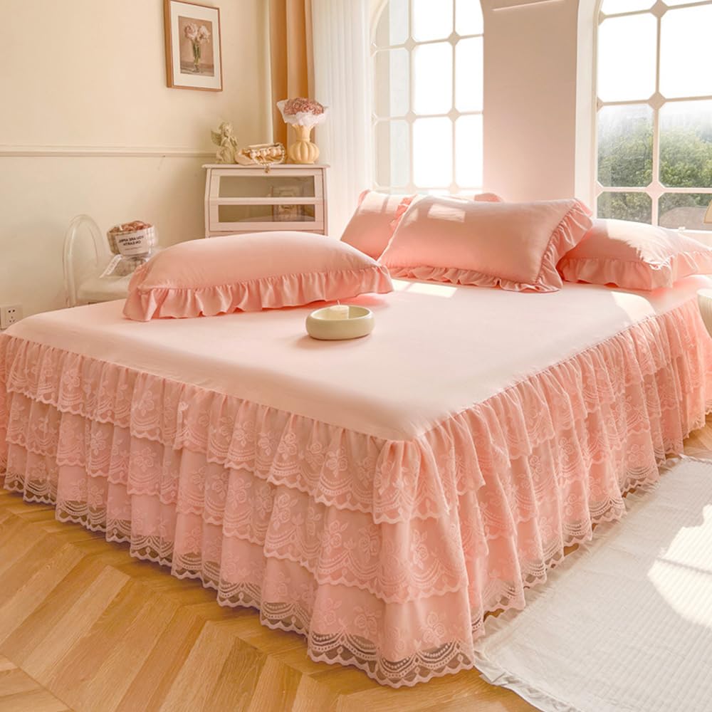 Three Layers Lace Bed Sheet Skirt for Queen Bed - 17in. Drop, Ruffle Bed Skirt Wrap Around Bed Skirt, Anti Wrinkle
