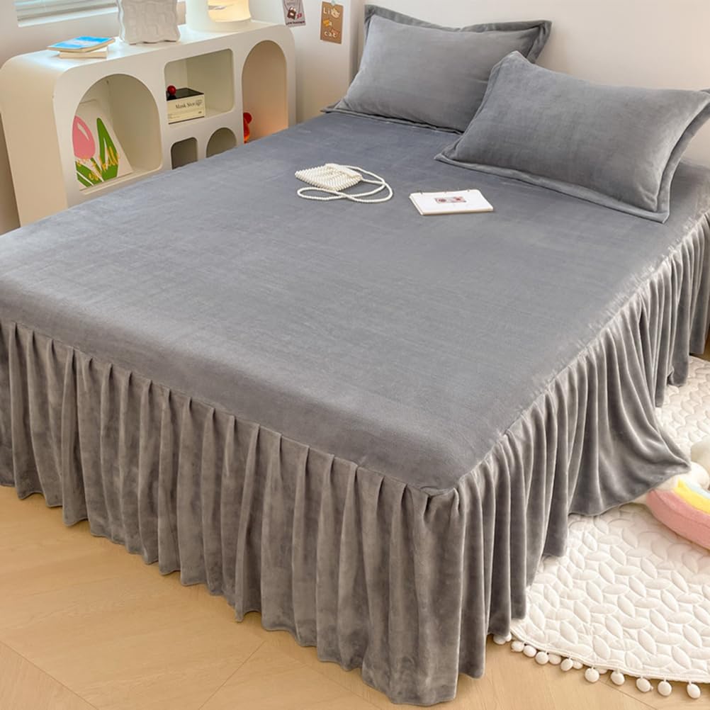 ZYFAB Winter Flannel Bed Skirt,Warm Thick Bed Cover Milk Velvet Bedspread Soft Cozy Bed Sheet Dust Ruffle Non-Slip Mattress Cover,C,150x200cmVersion A