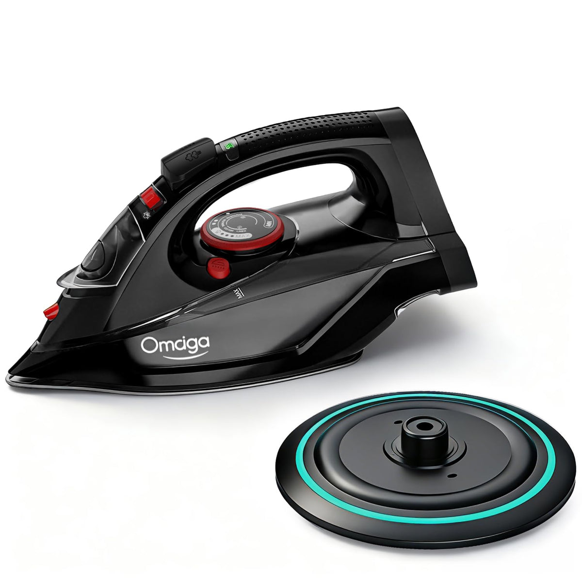 OMAIGA Cordless Iron for Clothes, 1500W Steam Iron Rapid Heating, Ceramic Soleplate, Auto Shut Off, Self-Clean, Anti-Calc, 3 Temperature Settings, 11.84oz Water Tank Ironing Clothes for Home, Black