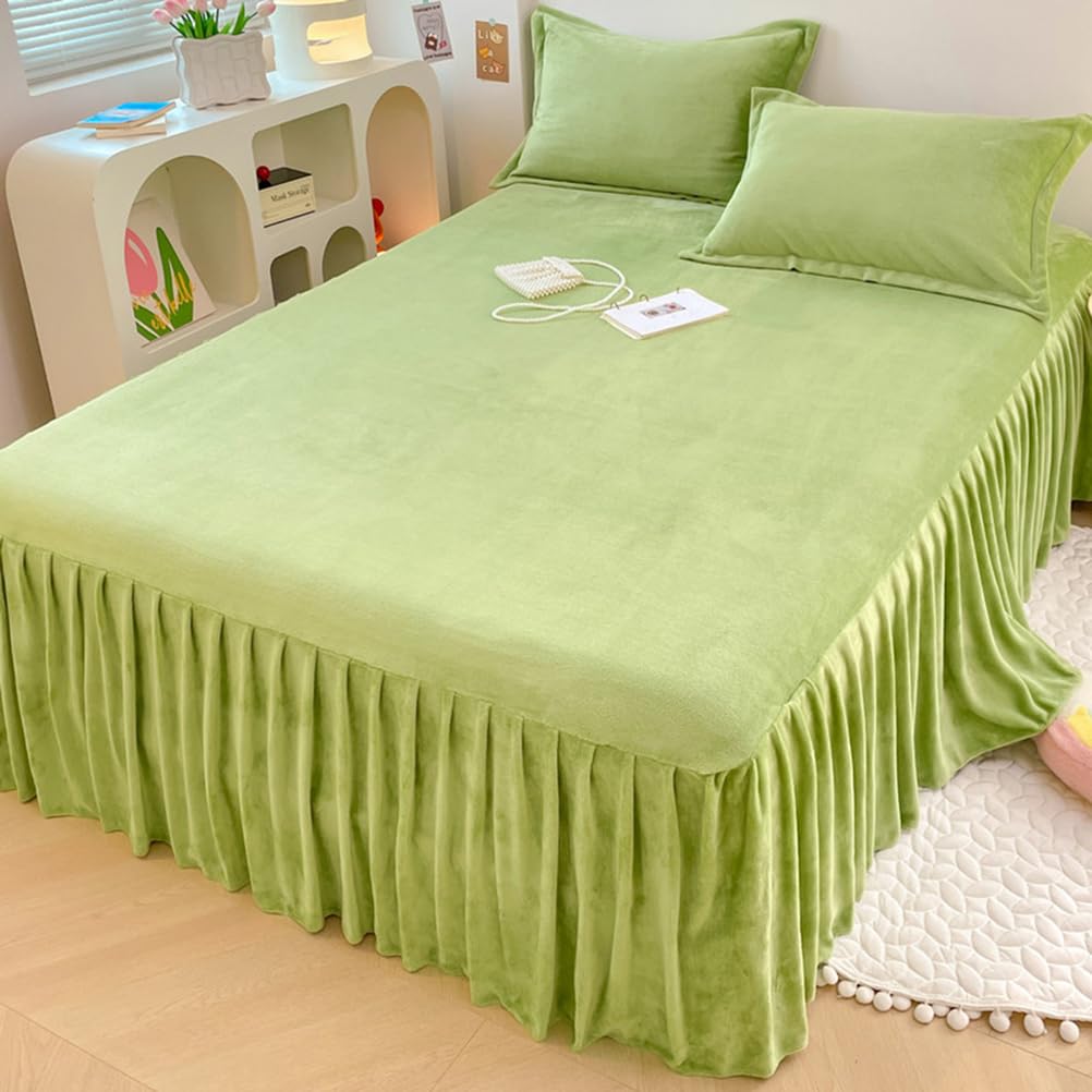 ZYFAB Winter Flannel Bed Skirt,Warm Thick Bed Cover Milk Velvet Bedspread Soft Cozy Bed Sheet Dust Ruffle Non-Slip Mattress Cover,C,150x200cmVersion A