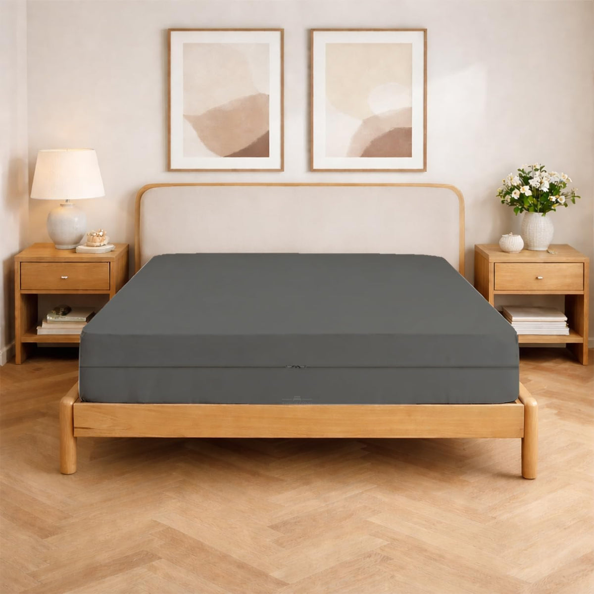 Queen Size Microfiber 1 PC Zipper Fitted Sheet 4 Inch Deep , Dark Grey