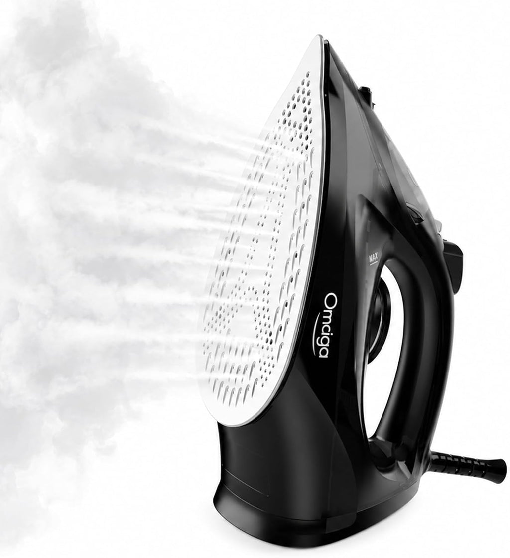 OMAIGA Steam Iron for Clothes, 1500W Iron with Rapid Heating, Non-Stick Ceramic Soleplate, Burst of Steam, Self-Cleaning, Auto-Off, Anti-Drip, 11.84oz Water Tank Ironing Clothes for Home, Black