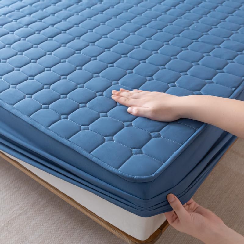 Nonslip Fitted Sheet Style Mattress Protection Against The Dust and Dirt Waterproof Backing Cover Bed Pad with Soft & Breathable Texture for a Hotel Quality Comfortable Sleep (Blue,Queen)