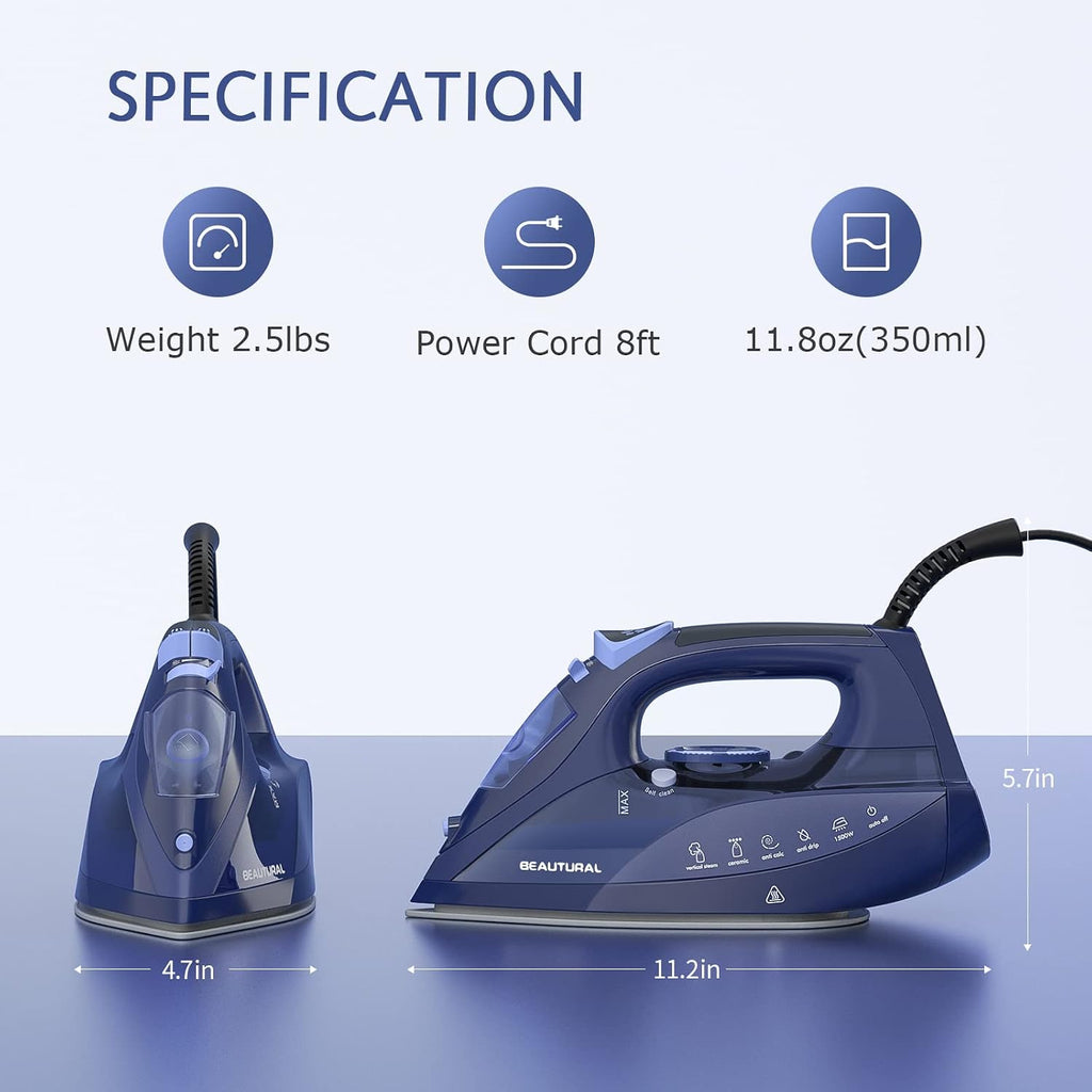 BEAUTURAL Steam Iron for Clothes with Ceramic-Coated Soleplate, 1500 Watts