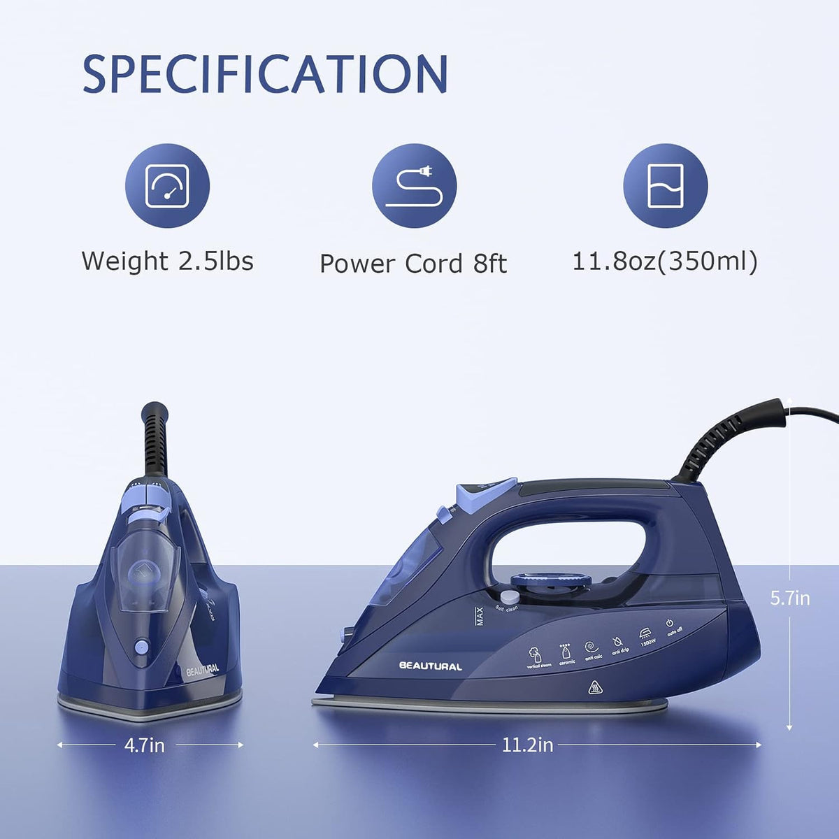 BEAUTURAL Steam Iron for Clothes with Ceramic-Coated Soleplate, 1500 Watts