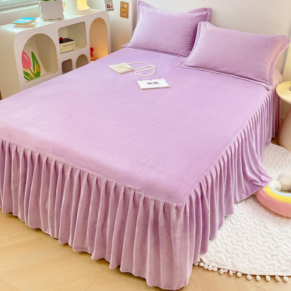 ZYFAB Winter Flannel Bed Skirt,Warm Thick Bed Cover Milk Velvet Bedspread Soft Cozy Bed Sheet Dust Ruffle Non-Slip Mattress Cover,C,150x200cmVersion A