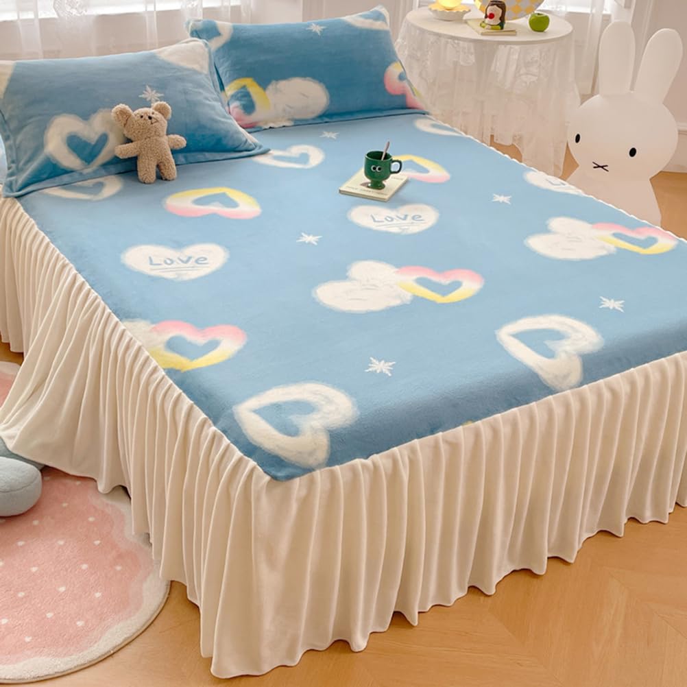 ZYFAB Winter Flannel Bed Skirt,Warm Thick Bed Cover Milk Velvet Bedspread Soft Cozy Bed Sheet Dust Ruffle Non-Slip Mattress Cover,C,150x200cmVersion A