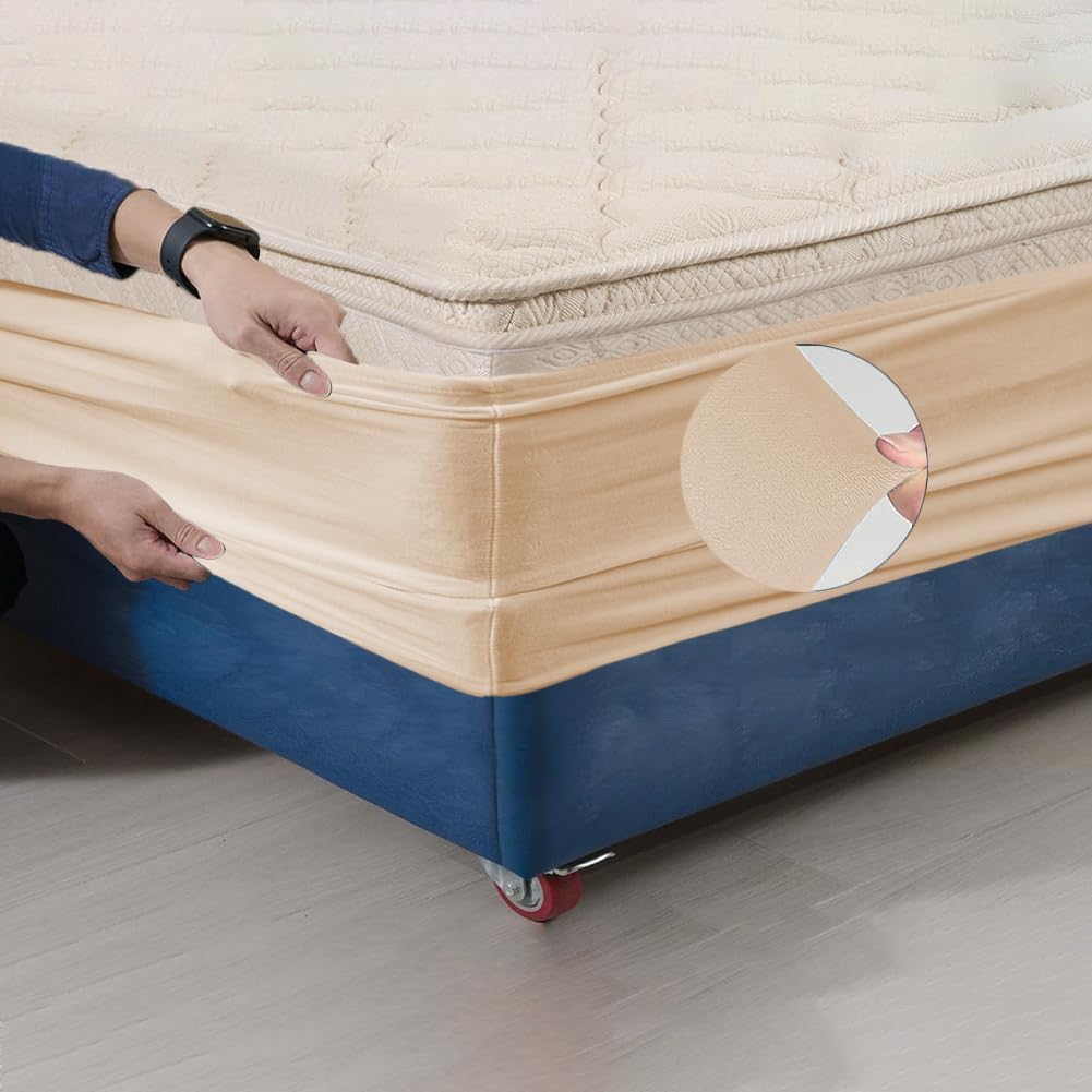 Velvet Bed Frame Cover, Bed Base Wrap Cover, Alternative to Traditional Valance Bed Sheet Skirt Cover, Fully Elastic Around The Base of Your Bed, Easy to Install(Camel, Queen Bed Width:59-63")