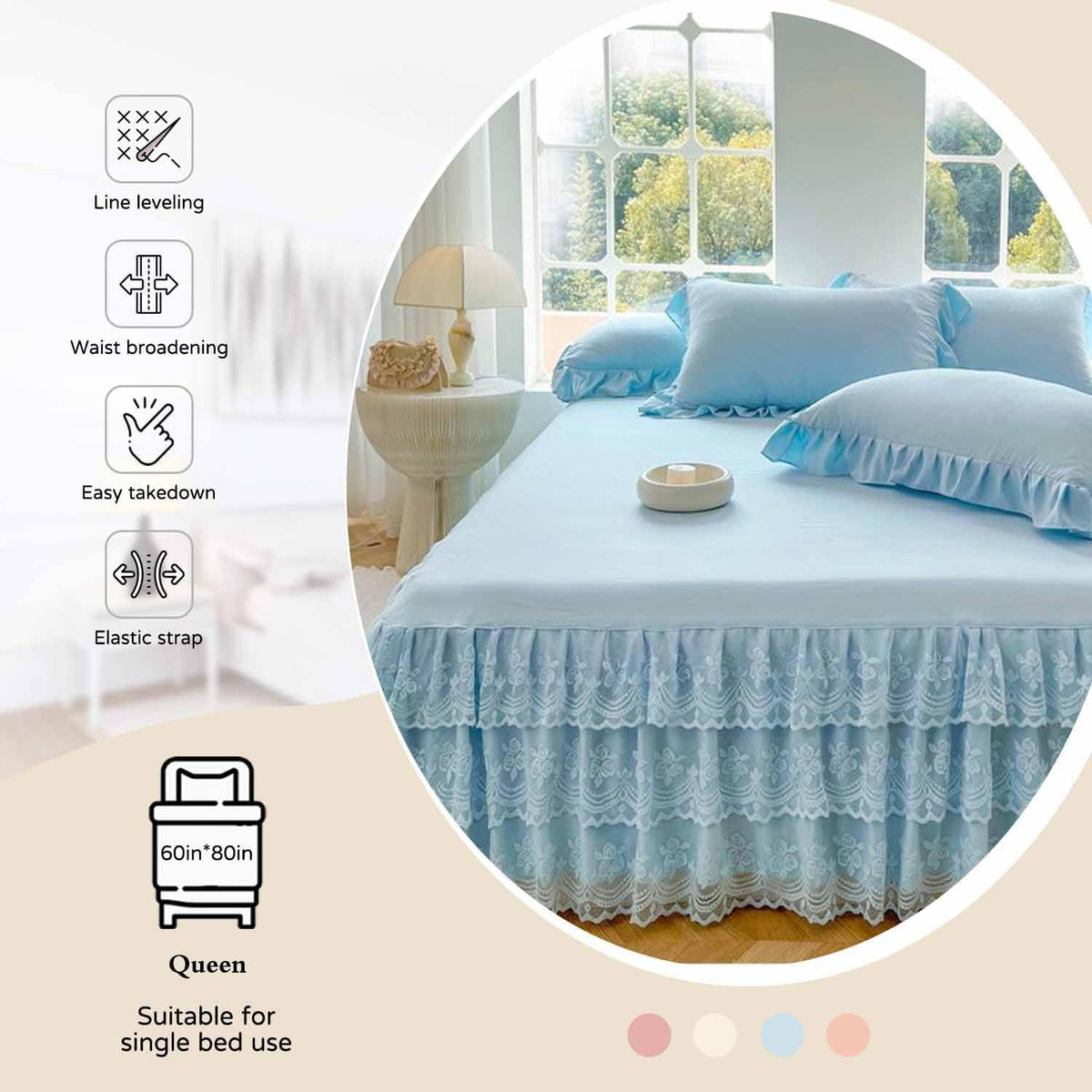 Three Layers Lace Bed Sheet Skirt for Queen Bed - 17in. Drop, Ruffle Bed Skirt Wrap Around Bed Skirt, Anti Wrinkle
