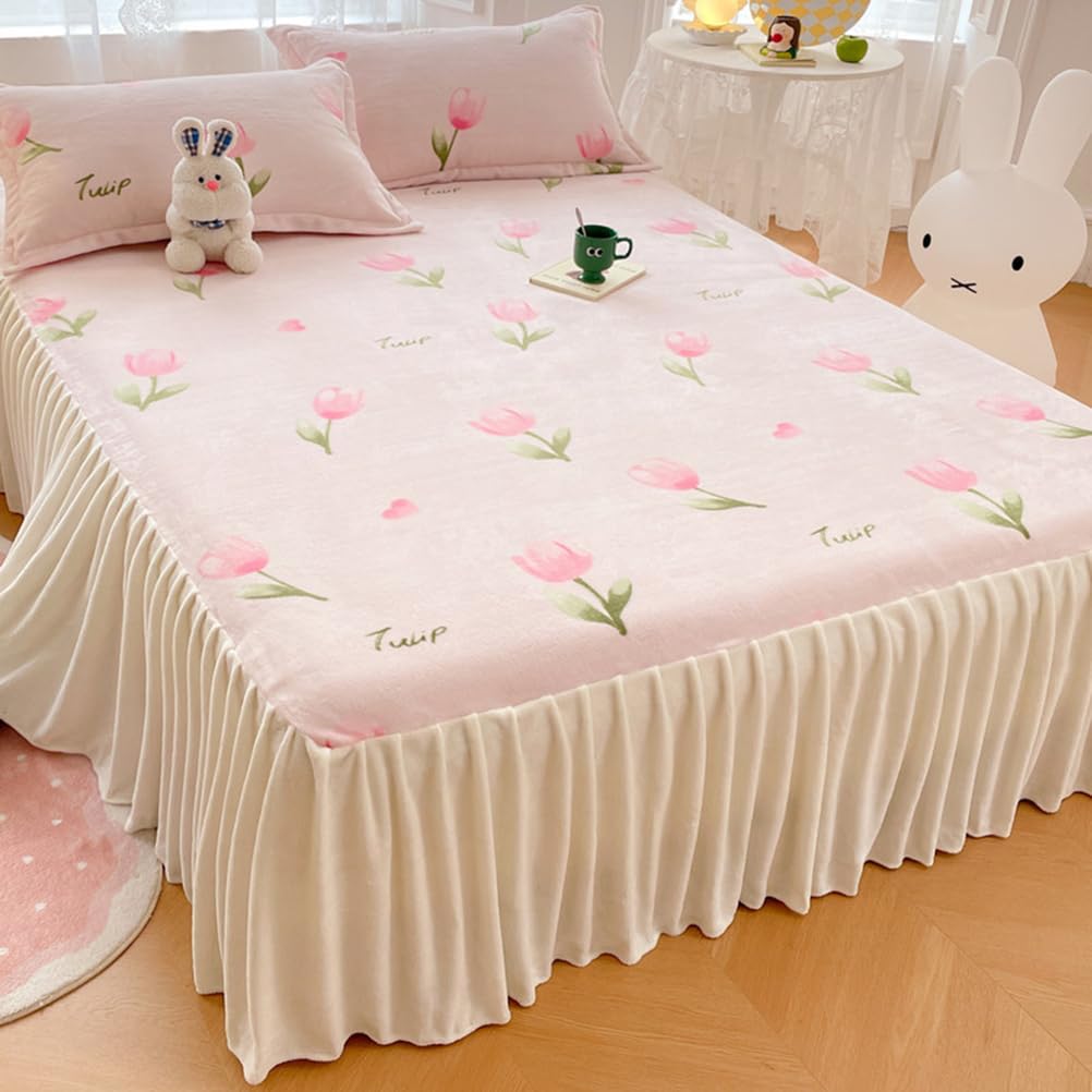 ZYFAB Winter Flannel Bed Skirt,Warm Thick Bed Cover Milk Velvet Bedspread Soft Cozy Bed Sheet Dust Ruffle Non-Slip Mattress Cover,C,150x200cmVersion A