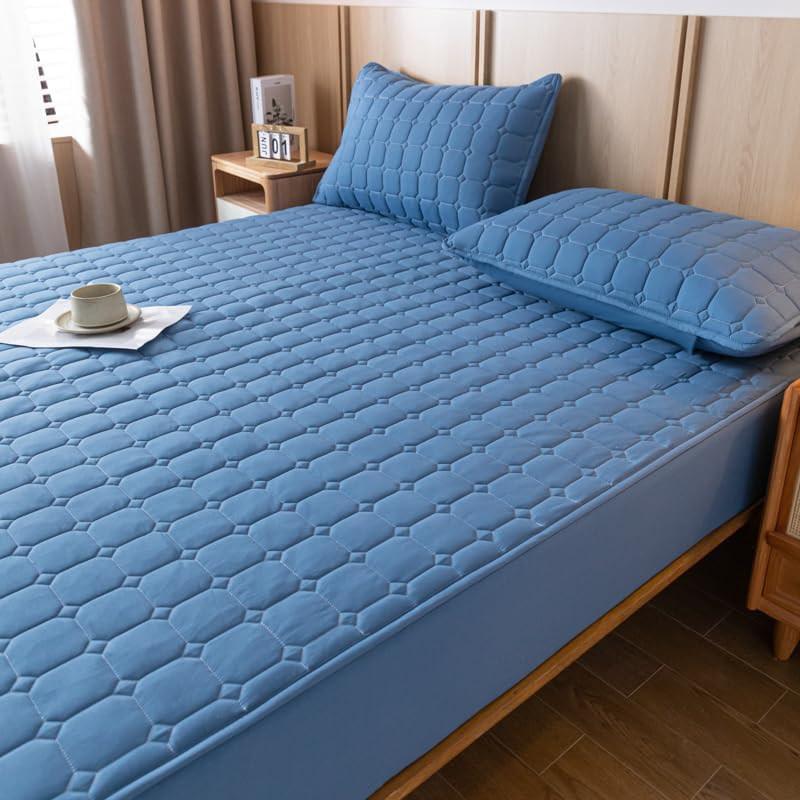 Nonslip Fitted Sheet Style Mattress Protection Against The Dust and Dirt Waterproof Backing Cover Bed Pad with Soft & Breathable Texture for a Hotel Quality Comfortable Sleep (Blue,Queen)