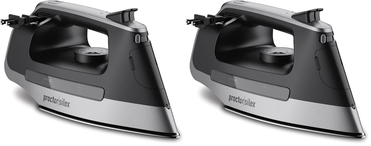Proctor Silex Steam Iron for Clothes with Durable Stainless Steel Soleplate, 1500 Watts, 8’ Retractable Cord, 3-Way Auto Shutoff, Anti-Drip, Gray and Black (14250)