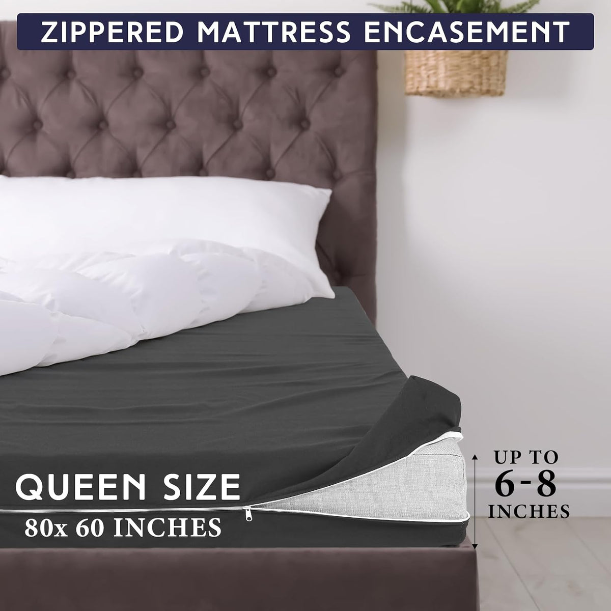 HunnmingRe Zippered Mattress Protector Fitted, Dark Gray, Queen,6-8in