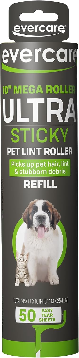 Evercare 10-Inch Mega All-Purpose Pet Hair Lint Roller Refill, 50 Sheets – Sticky Roller for Pet Hair, Cat & Dog Hair Remover, Lint Remover, Pet Hair Remover for Furniture, Clothing & Cars