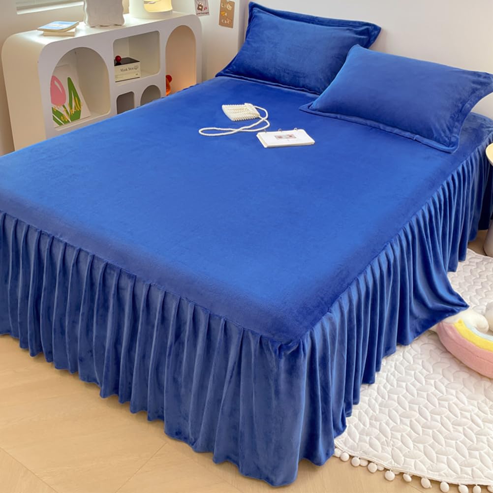 ZYFAB Winter Flannel Bed Skirt,Warm Thick Bed Cover Milk Velvet Bedspread Soft Cozy Bed Sheet Dust Ruffle Non-Slip Mattress Cover,C,150x200cmVersion A