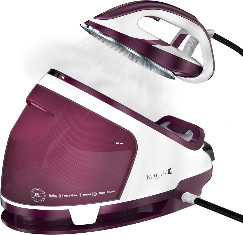 Martisan Steam Generator Iron for Clothes, LED Steam Station, 1800W Power, 8 Bar Max Pressure, 1.9L Water Tank, 550g/min Steam Burst, Auto Off, Ceramic Soleplate, Fast Wrinkle Removal, Purple