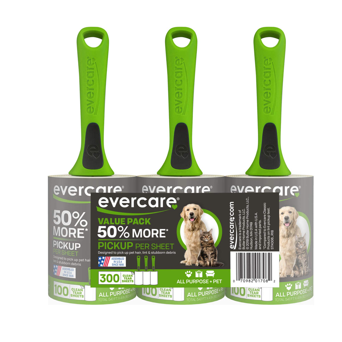 Evercare Pet Hair Lint Rollers All Purpose Use 100 Easy-Tear Sheets Per Roll Reusable Sticky Roller Pets Cat & Dog Hair Remover Contoured Handle for Furniture Clothing & Cars, Set of 2, Green