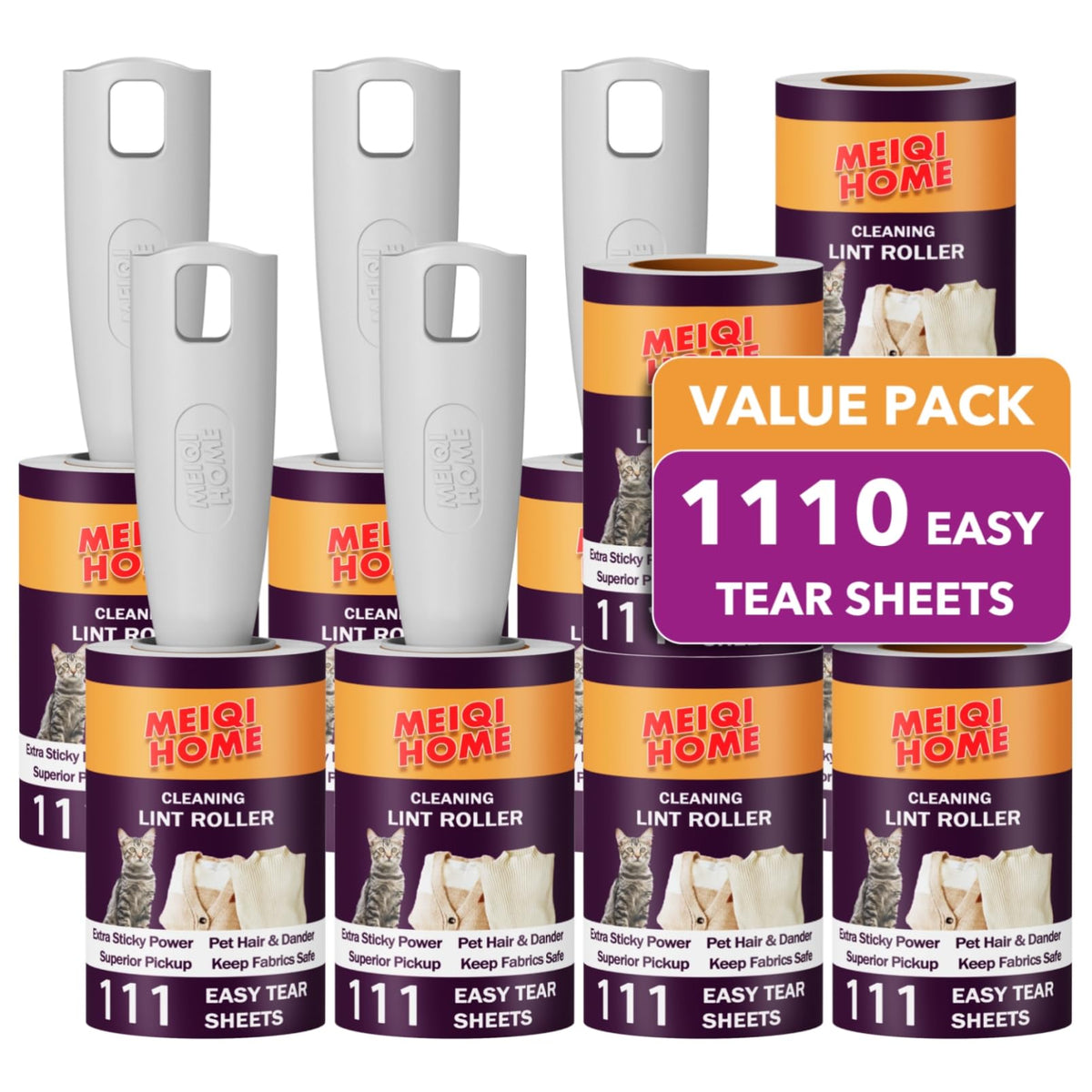 MEIQIHOME Lint Rollers for Pet Hair Extra Sticky, 1110 Sheets Mega Value Set Lint Roller with 5 Upgraded Handles, 10 Rollers Portable Pet Lint Roller for Clothes, Furniture, Dog & Cat Hair Removal