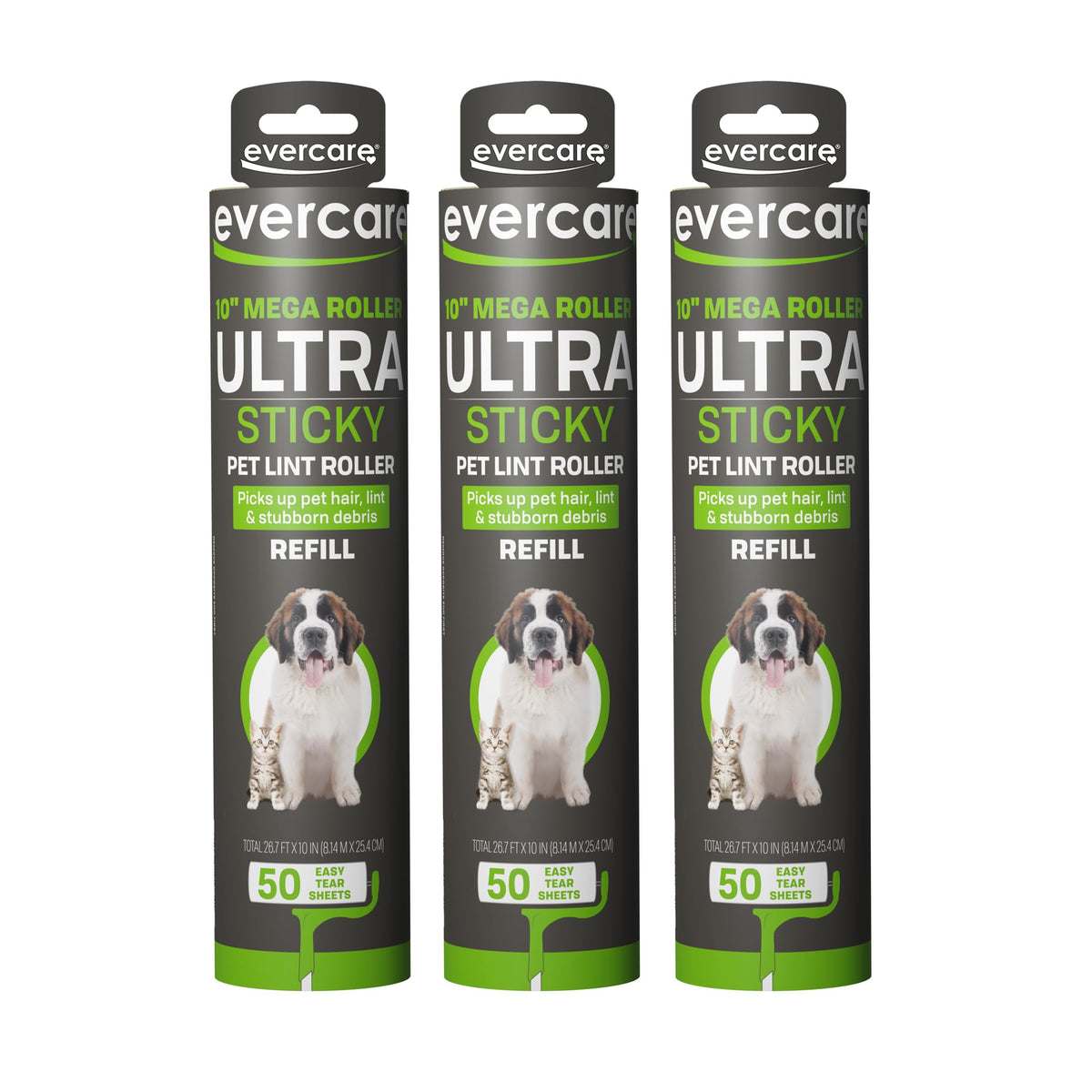 Evercare 10-Inch Mega All-Purpose Pet Hair Lint Roller Refill, 50 Sheets – Sticky Roller for Pet Hair, Cat & Dog Hair Remover, Lint Remover, Pet Hair Remover for Furniture, Clothing & Cars