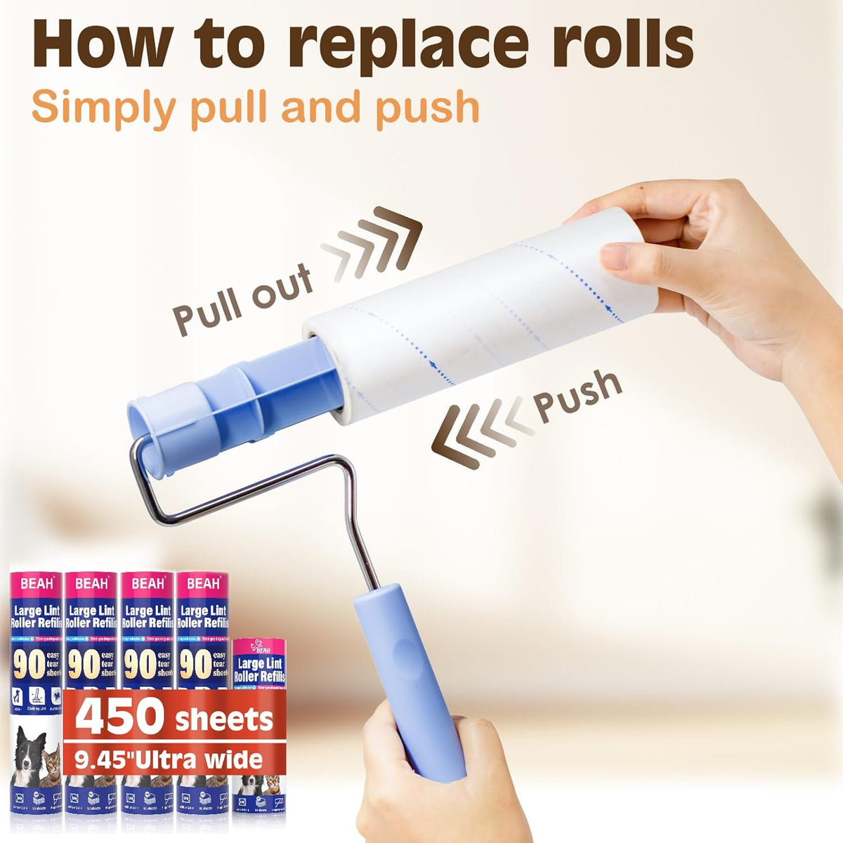 BEAH Large Lint Roller for Pet Hair Extra Sticky,9.45''Pet Hair Removal Tool Roller for Pet Dog Cat Hair (1 Roller+4 Long Rolls 1 Short roll)