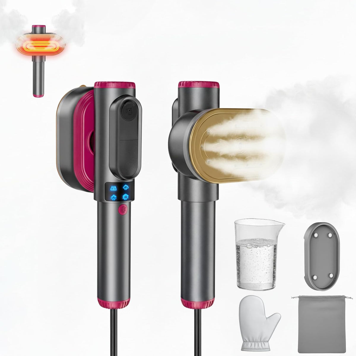 Powerful Handheld Clothes Steamer with LCD Display, 15s Fast Heat-Up, Includes Measuring Cup, Heat-Resistant Board, Storage Bag & Anti-Scald Glove, Lightweight 0.8lbs for Home & Travel