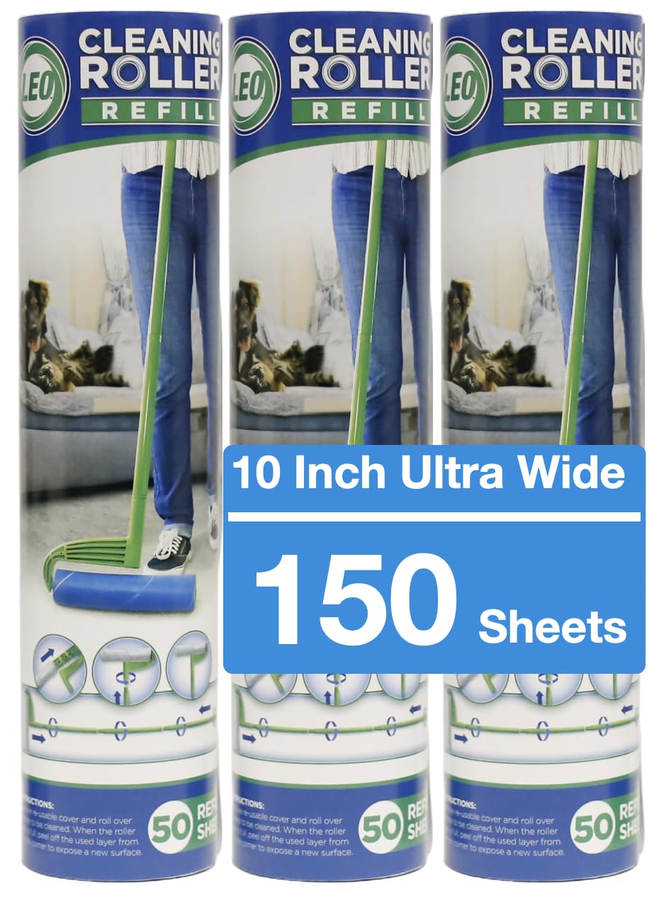 Leo 10-Inch Wide Lint Roller Refills, 6 Rolls with 50 Sheets Each (300 Sheets Total), Extra Sticky for Pet Hair, Carpet & Floor Cleaning